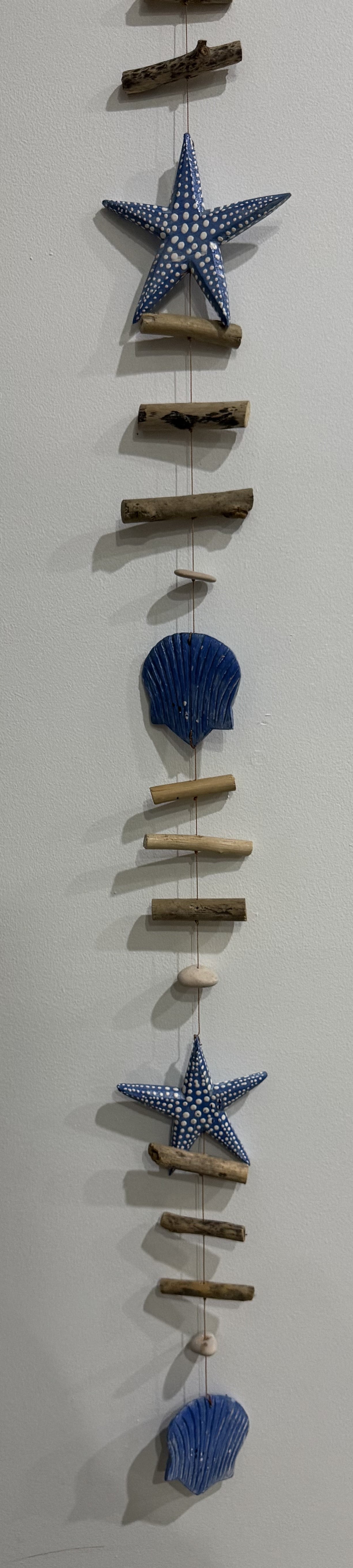 Hanging Star Fish, Oyster Shells and Driftwood - Blue
