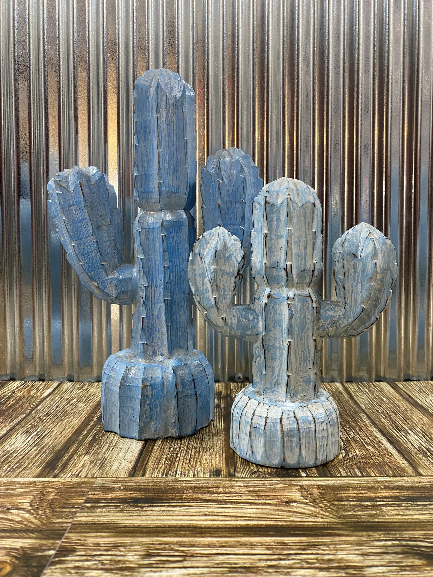 Hand Carved Timber Cactus - Blue