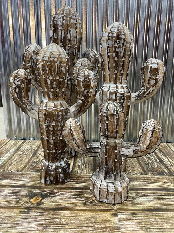 Hand Carved Timber Cactus - Brown