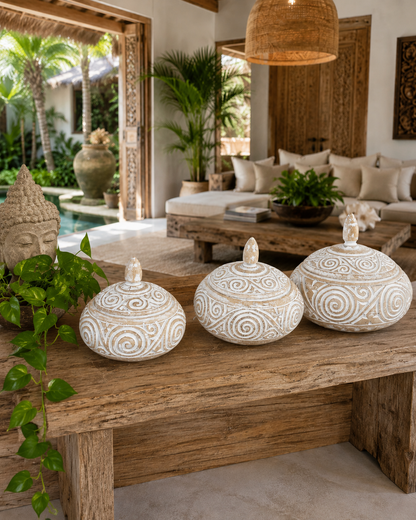 Timber Tiki Bowl & Lid Set of 3 Light Cream