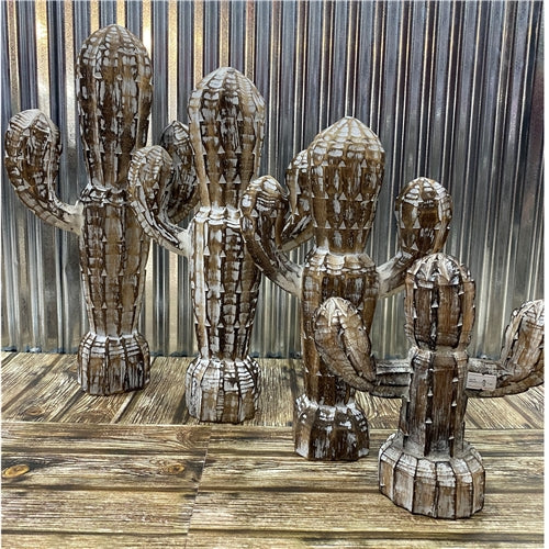 Hand Carved Timber Cactus - Brown