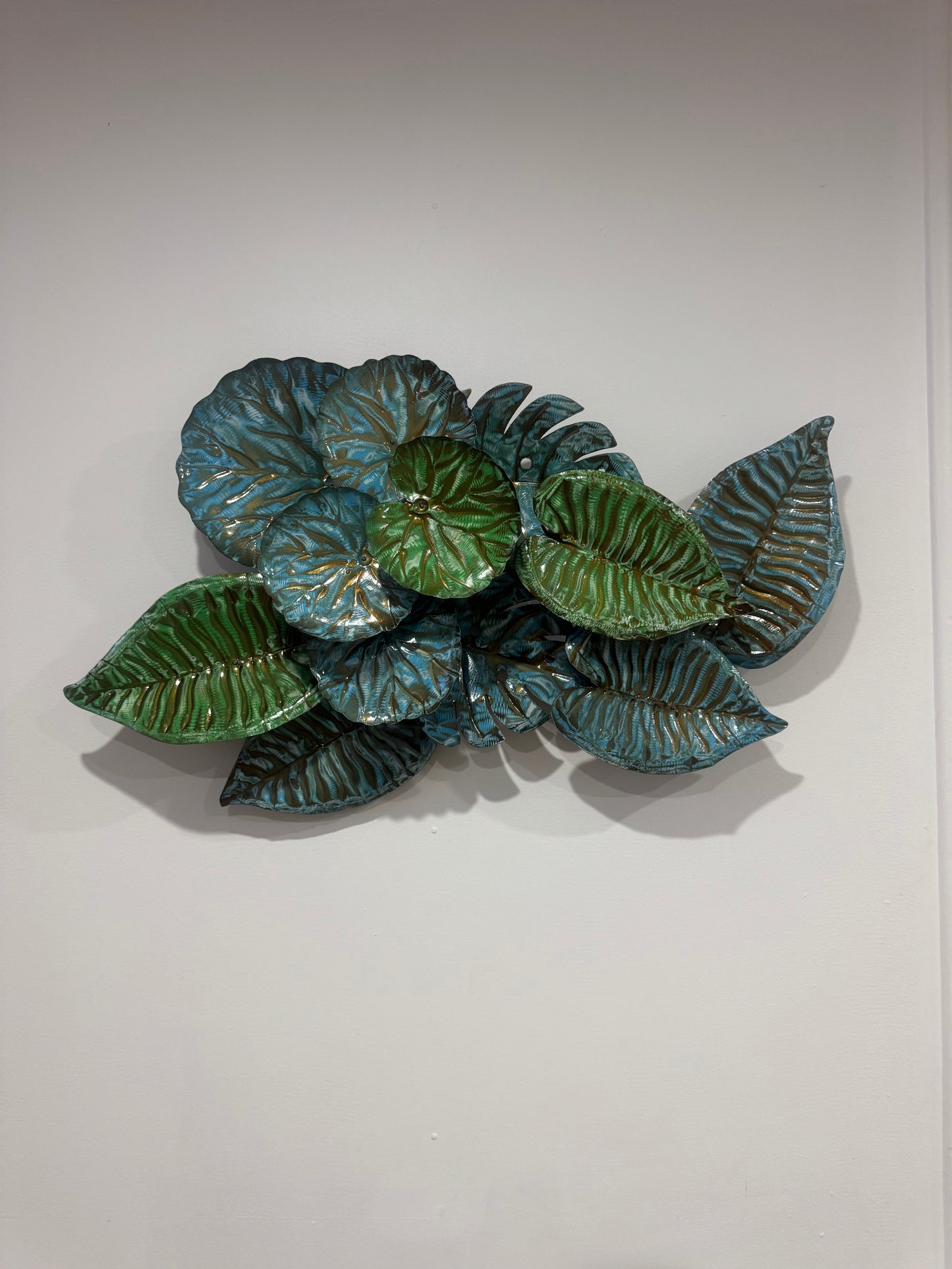 Balinese Hand Carved & Crafted Tin Leaves wall Art - Green/Blue