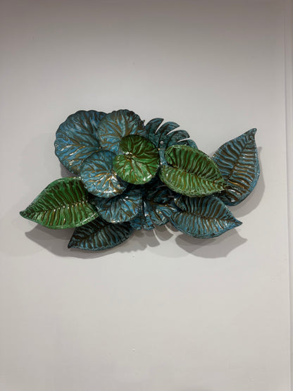 Balinese Hand Carved & Crafted Tin Leaves wall Art - Green/Blue