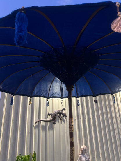 Balinese 2 meter umbrella - Carved wooden handle - Blue
