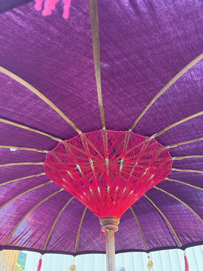 Balinese 2 meter umbrella - Carved wooden handle - Maroon