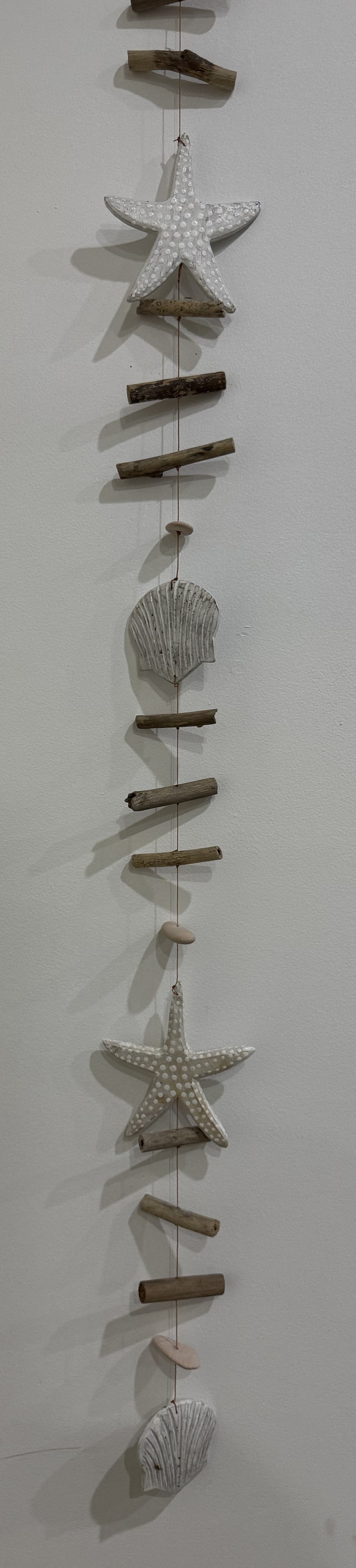 Hanging Star Fish, Oyster Shells and Driftwood - White
