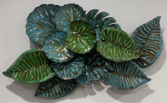 Balinese Hand Carved & Crafted Tin Leaves wall Art - Green/Blue