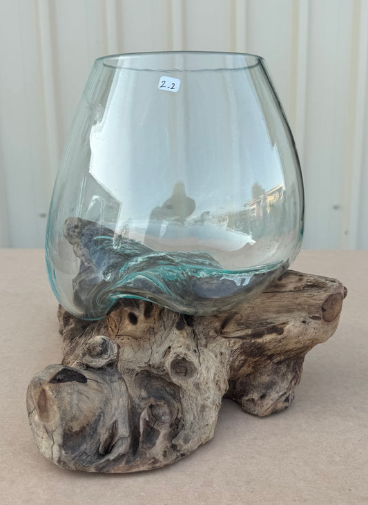 Hand Blown Glass Bowls with Driftwood - Small