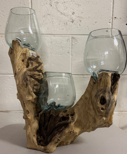 Hand Blown Glass Bowls with Driftwood - 3 Tier