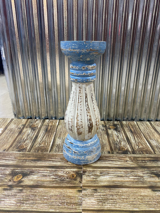 Hand Carved Timber Candle Holders - Blue