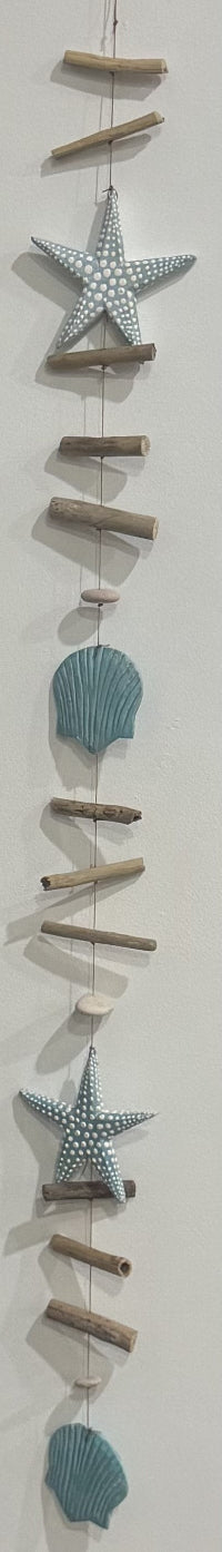 Hanging Star Fish, Oyster Shells and Driftwood - Turquoise