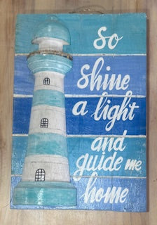 Hanging Timber Light House Sign - Turquoise