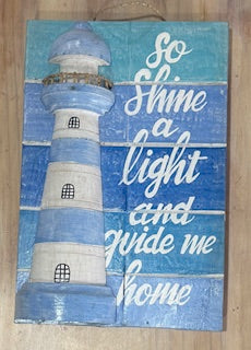 Hanging Timber Light House Sign - Blue