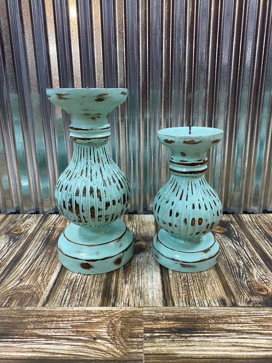 Hand Carved Timber Candle Holder - Turquoise
